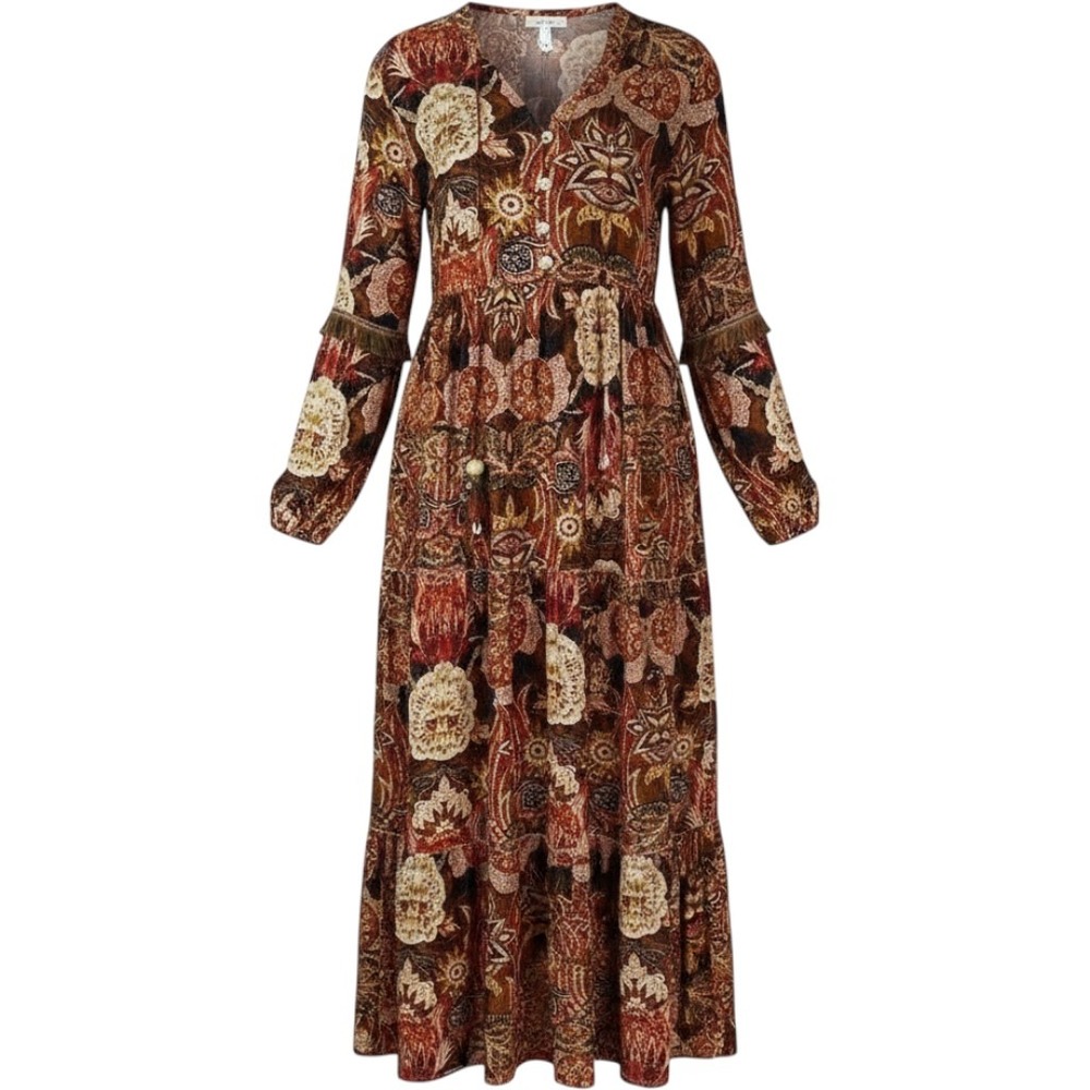 Barok Paris Womens Floral Print Fringe Trim Long Sleeve Maxi Dress Size M/L